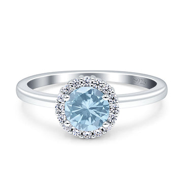 Art Deco Wedding Ring Halo Round Simulated Aquamarine CZ Stones 925 Sterling Silver
